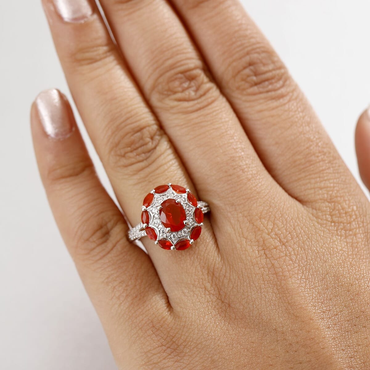 D'Joy Crimson Fire Opal and White Zircon 2.25 ctw Sunflare Halo Ring in Rhodium Over Sterling Silver (Size 7.0) image number 2
