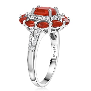 D'Joy Crimson Fire Opal and White Zircon 2.25 ctw Sunflare Halo Ring in Rhodium Over Sterling Silver (Size 7.0)