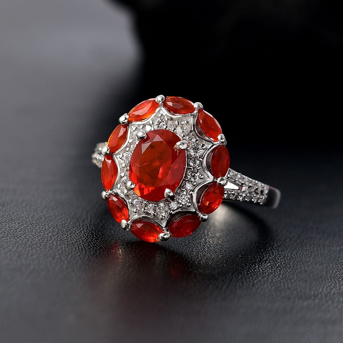 D'Joy Crimson Fire Opal and White Zircon 2.25 ctw Sunflare Halo Ring in Rhodium Over Sterling Silver (Size 8.0) image number 1
