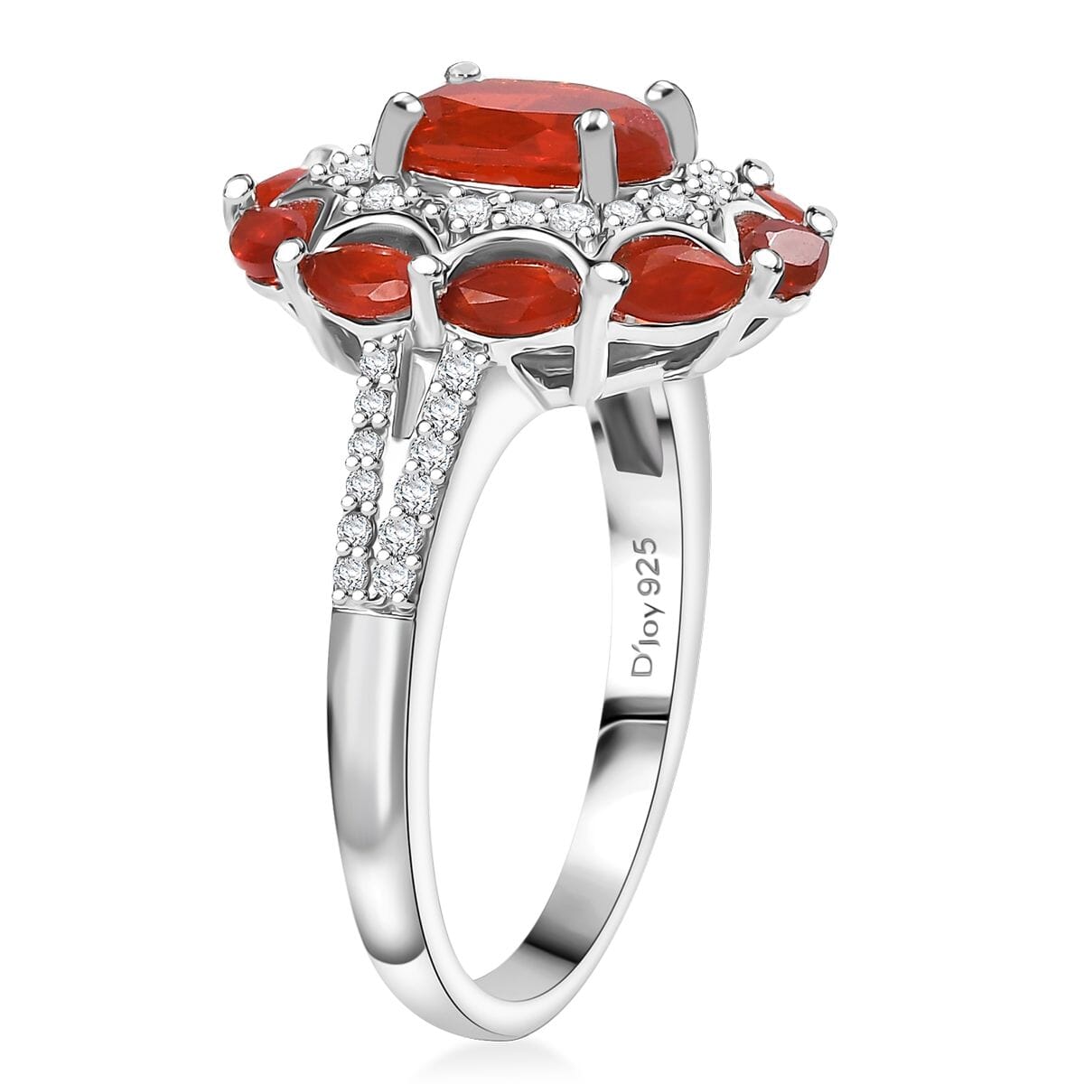 D'Joy Crimson Fire Opal and White Zircon 2.25 ctw Sunflare Halo Ring in Rhodium Over Sterling Silver (Size 8.0) image number 3
