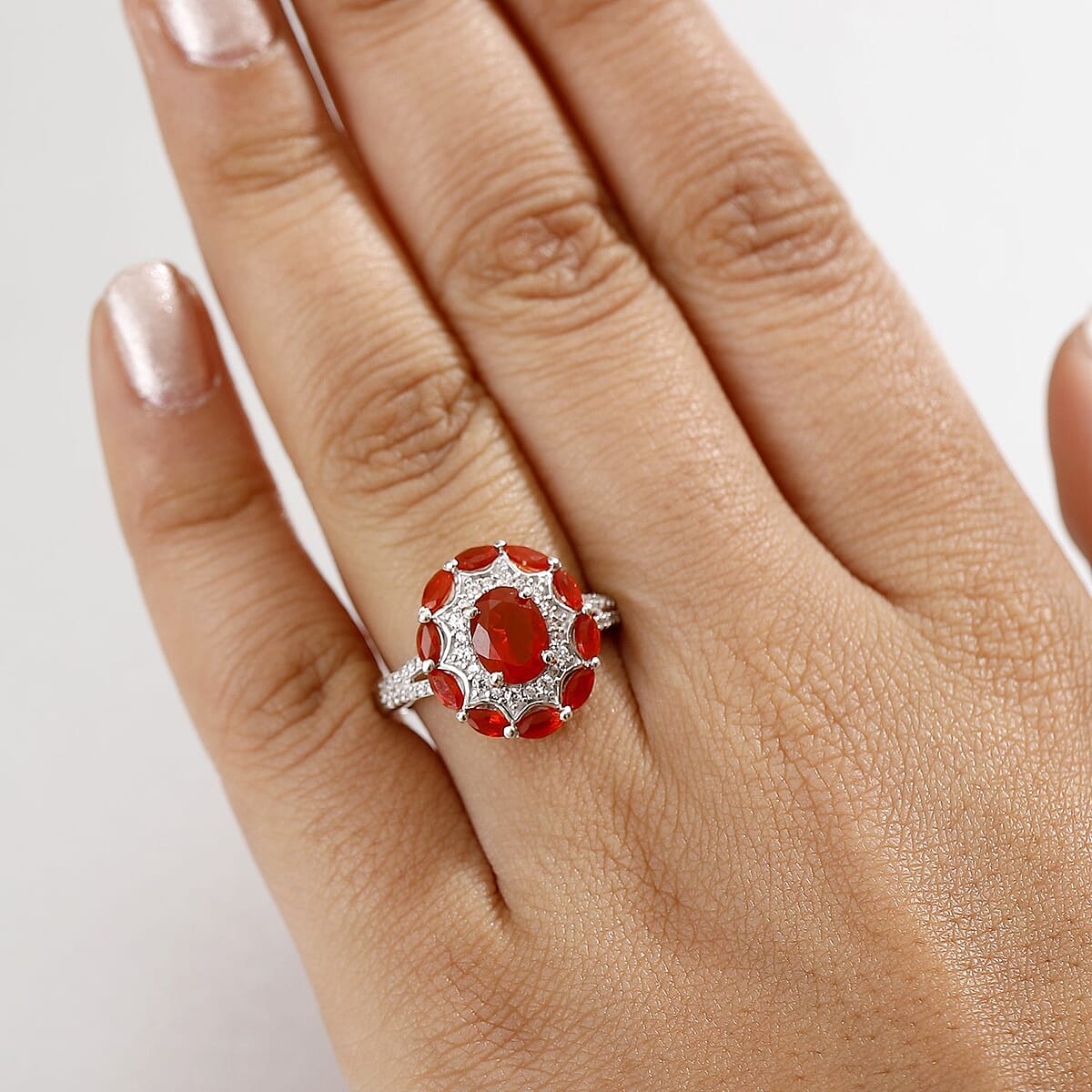 D'Joy Crimson Fire Opal and White Zircon 2.25 ctw Sunflare Halo Ring in Rhodium Over Sterling Silver (Size 9.0) image number 2