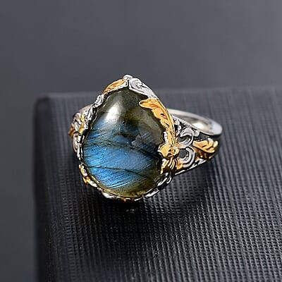 Malagasy Labradorite 8.85 ctw Ring in Rhodium and 18K Vermeil YG Over Sterling Silver (Size 10.0)