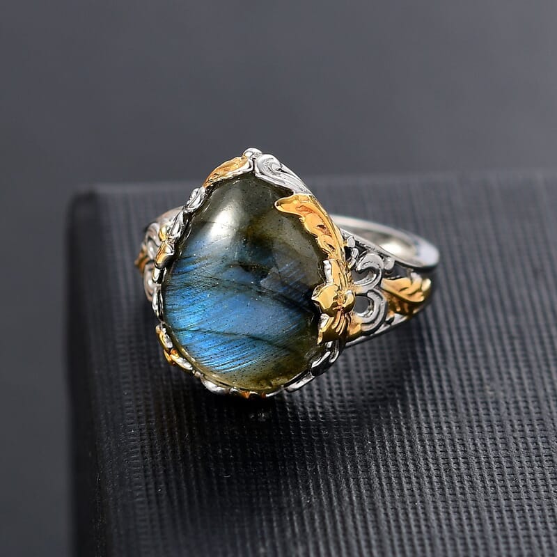 Malagasy Labradorite 8.85 ctw Ring in Rhodium and 18K Vermeil YG Over Sterling Silver (Size 10.0)