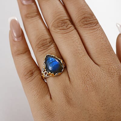 Malagasy Labradorite 8.85 ctw Ring in Rhodium and 18K Vermeil YG Over Sterling Silver (Size 10.0)