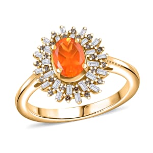 D'Joy Crimson Fire Opal, Natural Champagne and White Diamond 1.00 ctw Sunkissed Spark Ring in 18K Vermeil Yellow Gold Over Sterling Silver (Size 10.0)
