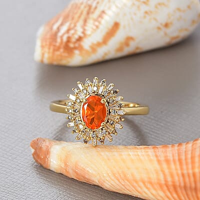 D'Joy Crimson Fire Opal, Natural Champagne and White Diamond 1.00 ctw Sunkissed Spark Ring in 18K Vermeil Yellow Gold Over Sterling Silver (Size 10.0)