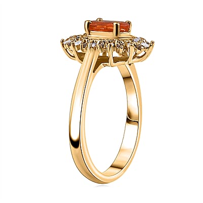 D'Joy Crimson Fire Opal, Natural Champagne and White Diamond 1.00 ctw Sunkissed Spark Ring in 18K Vermeil Yellow Gold Over Sterling Silver (Size 10.0)
