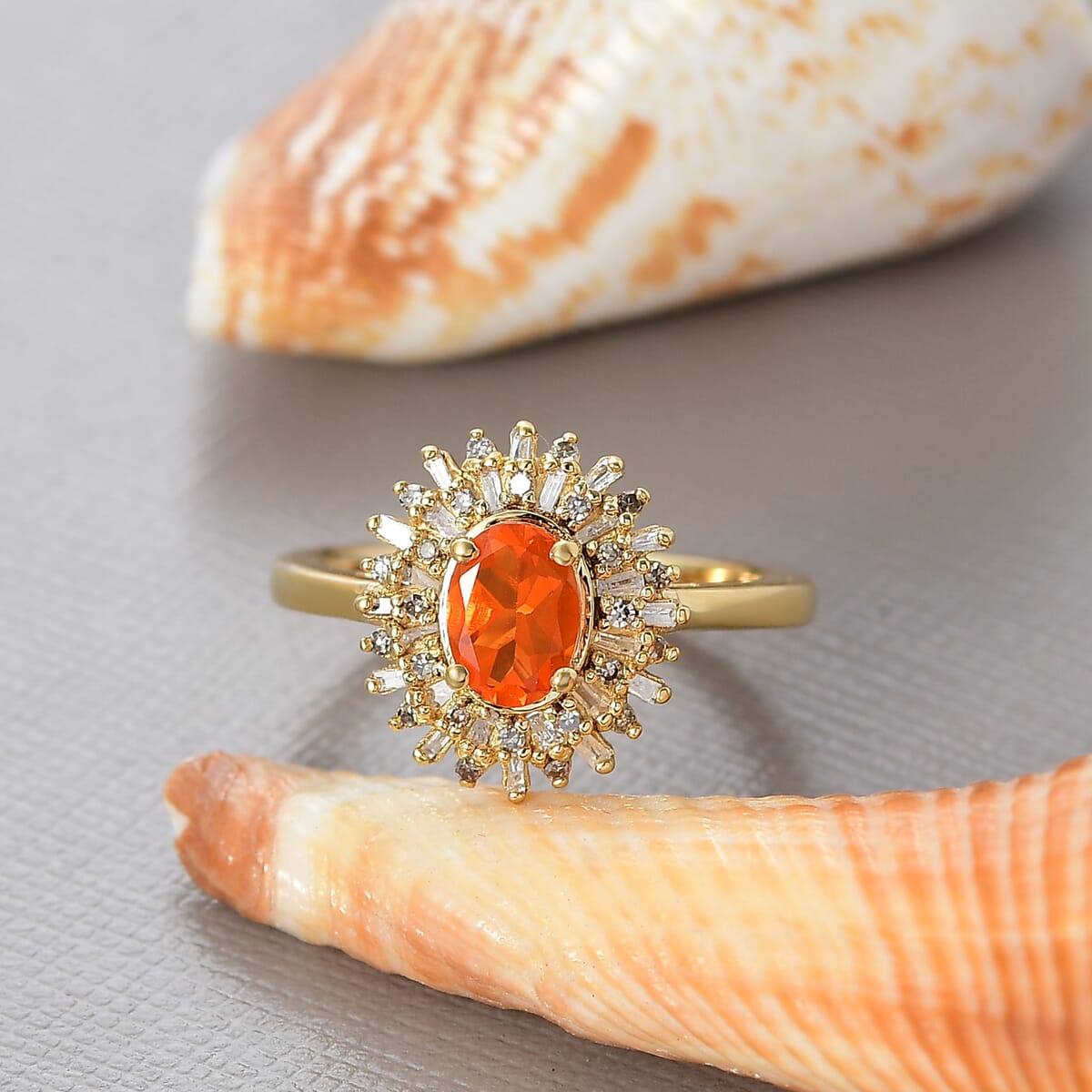 D'Joy Crimson Fire Opal, Natural Champagne and White Diamond 1.00 ctw Sunkissed Spark Ring in 18K Vermeil Yellow Gold Over Sterling Silver (Size 9.0) image number 1
