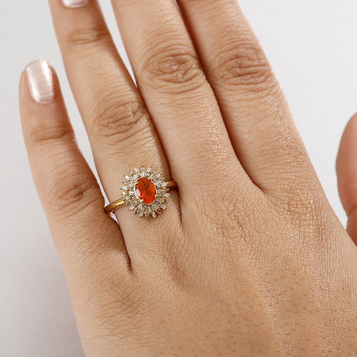 D'Joy Crimson Fire Opal, Natural Champagne and White Diamond 1.00 ctw Sunkissed Spark Ring in 18K Vermeil Yellow Gold Over Sterling Silver (Size 9.0) image number 2