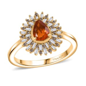 Crimson Fire Opal, Natural Champagne and White Diamond 0.90 ctw Sunkissed Spark Ring in 18K Vermeil Yellow Gold Over Sterling Silver (Size 7.0)