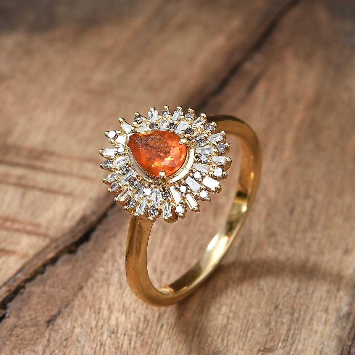 D'Joy Crimson Fire Opal, Natural Champagne and White Diamond 0.90 ctw Sunkissed Spark Ring in 18K Vermeil Yellow Gold Over Sterling Silver (Size 7.0) image number 1