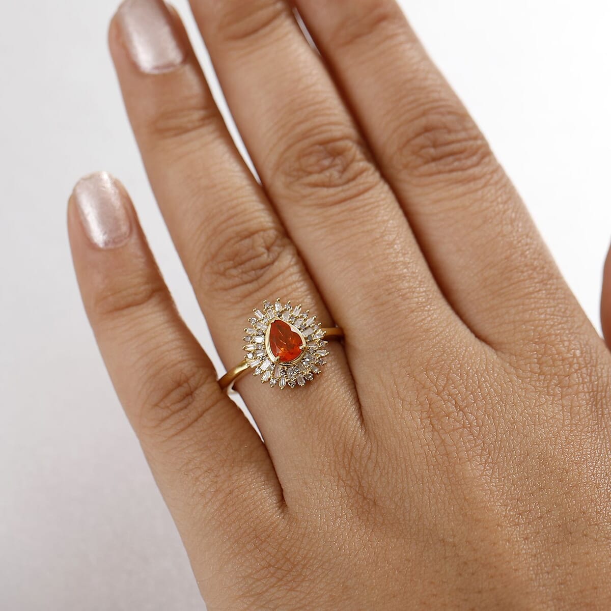 D'Joy Crimson Fire Opal, Natural Champagne and White Diamond 0.90 ctw Sunkissed Spark Ring in 18K Vermeil Yellow Gold Over Sterling Silver (Size 7.0) image number 2