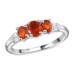 D'Joy Crimson Fire Opal and White Zircon 0.70 ctw Blazing Trinity Ring in Rhodium Over Sterling Silver (Size 10.0)