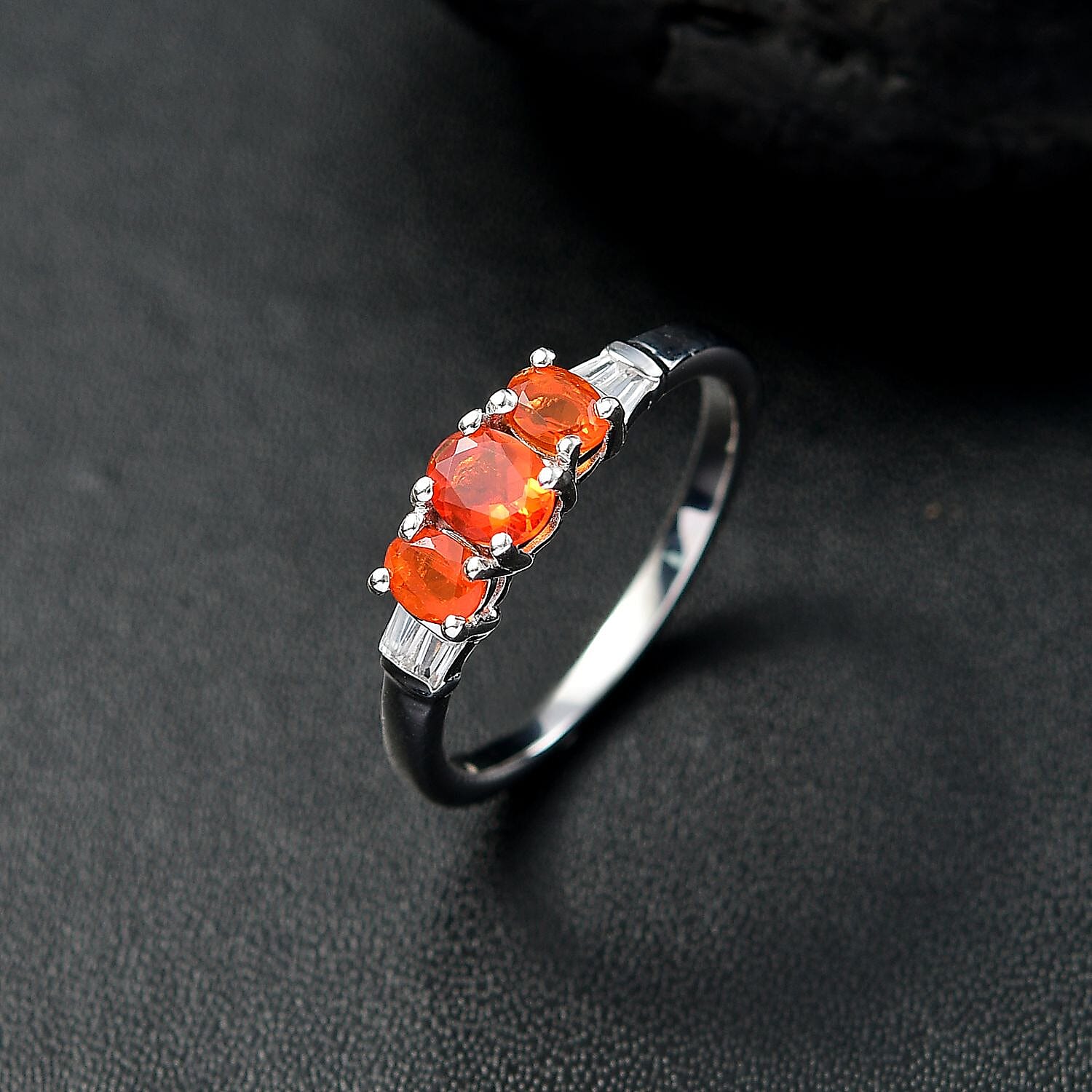 D'Joy Crimson Fire Opal and White Zircon 0.70 ctw Blazing Trinity Ring in Rhodium Over Sterling Silver (Size 10.0)