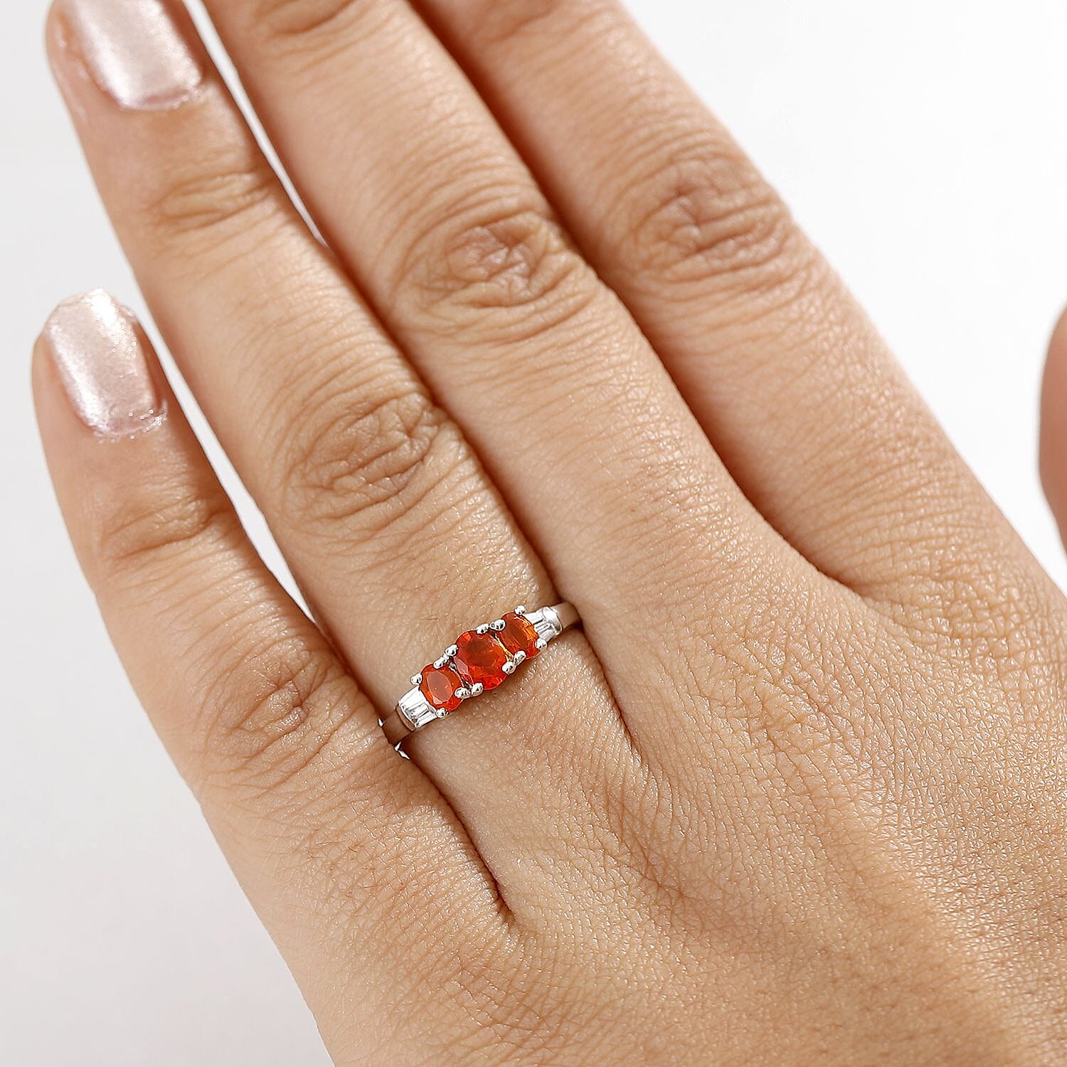 D'Joy Crimson Fire Opal and White Zircon 0.70 ctw Blazing Trinity Ring in Rhodium Over Sterling Silver (Size 10.0)