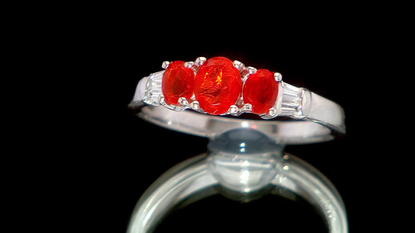 Crimson Fire Opal and White Zircon 0.70 ctw Blazing Trinity Ring in Rhodium Over Sterling Silver (Size 10.0)