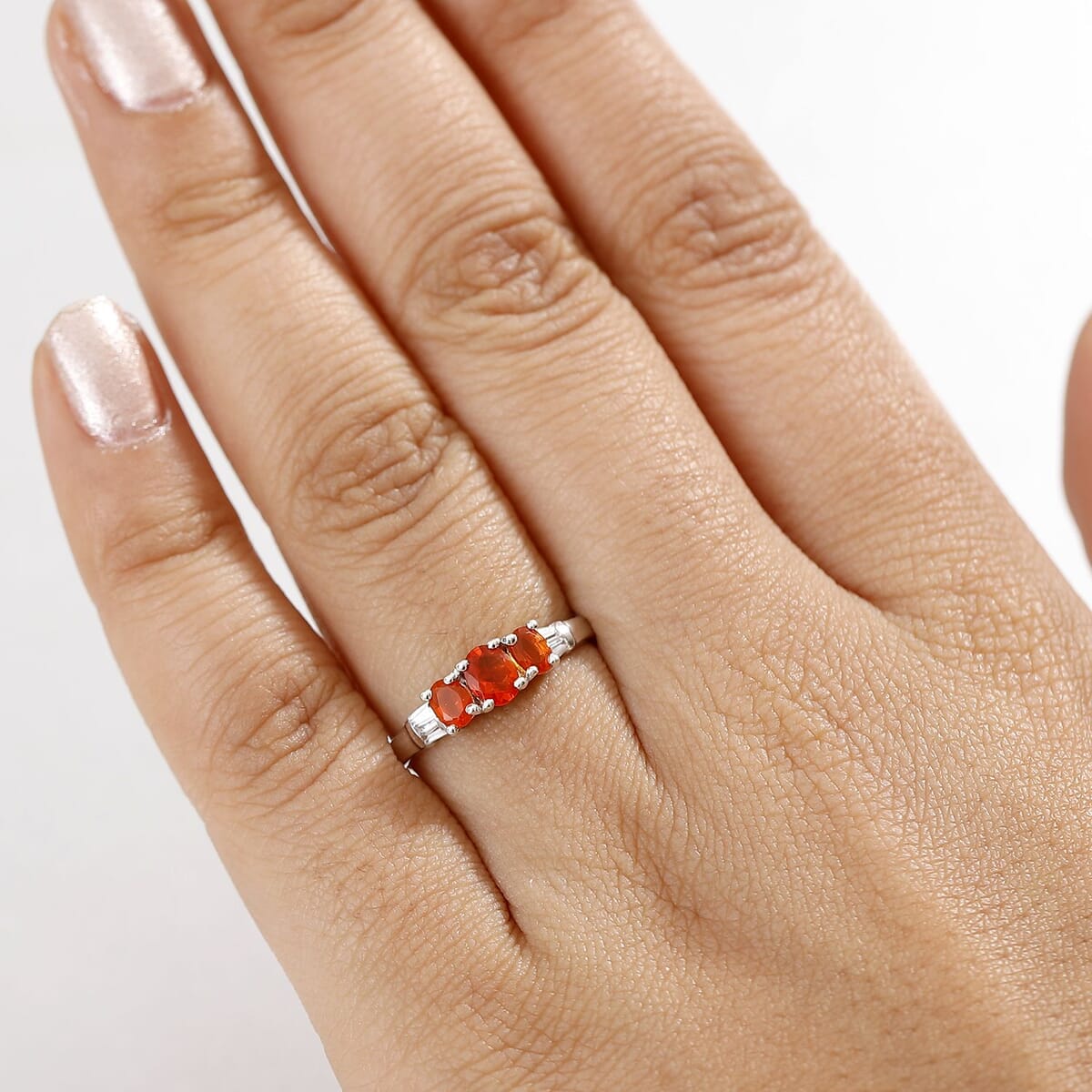 D'Joy Crimson Fire Opal and White Zircon 0.70 ctw Blazing Trinity Ring in Rhodium Over Sterling Silver (Size 6.0) image number 2