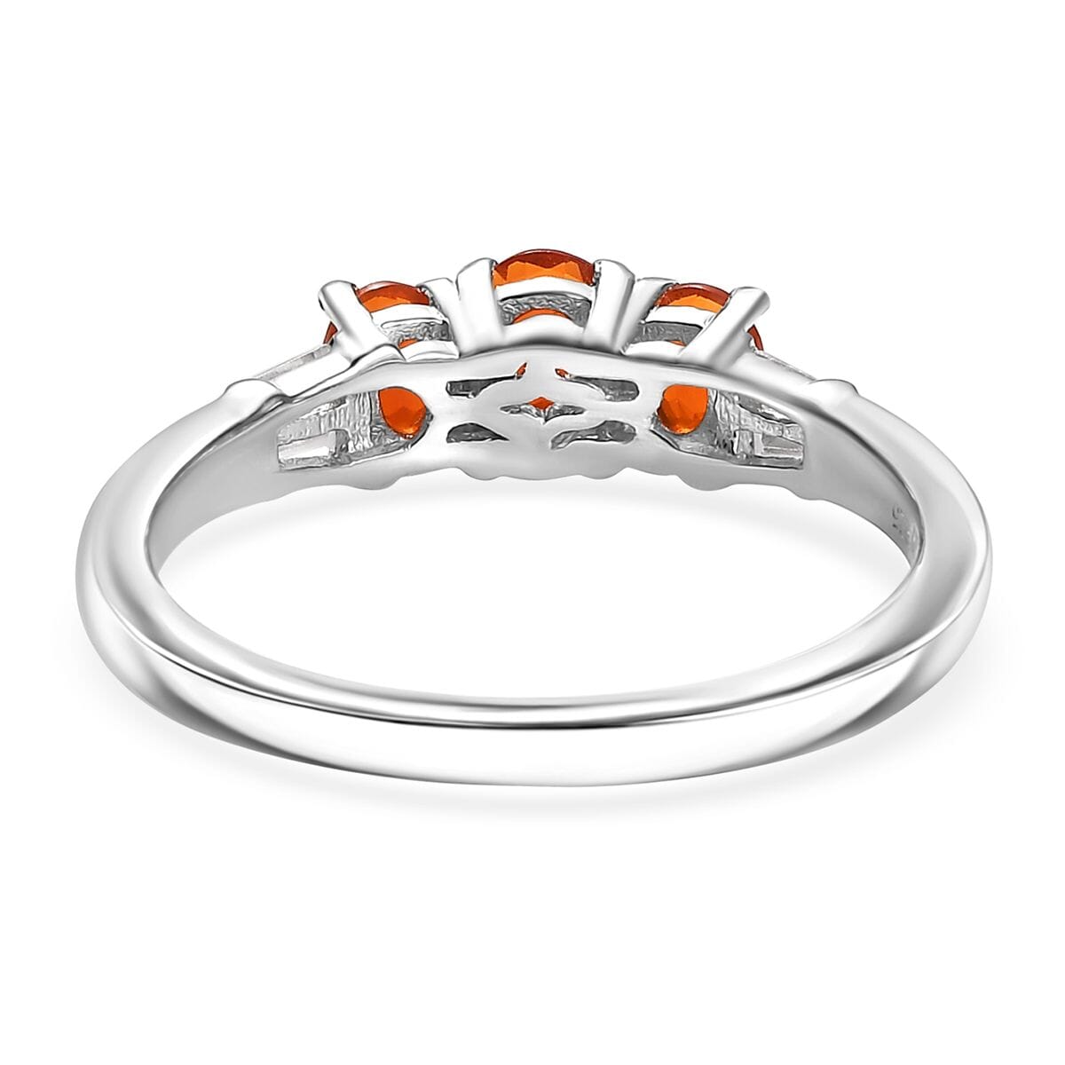 D'Joy Crimson Fire Opal and White Zircon 0.70 ctw Blazing Trinity Ring in Rhodium Over Sterling Silver (Size 6.0) image number 4