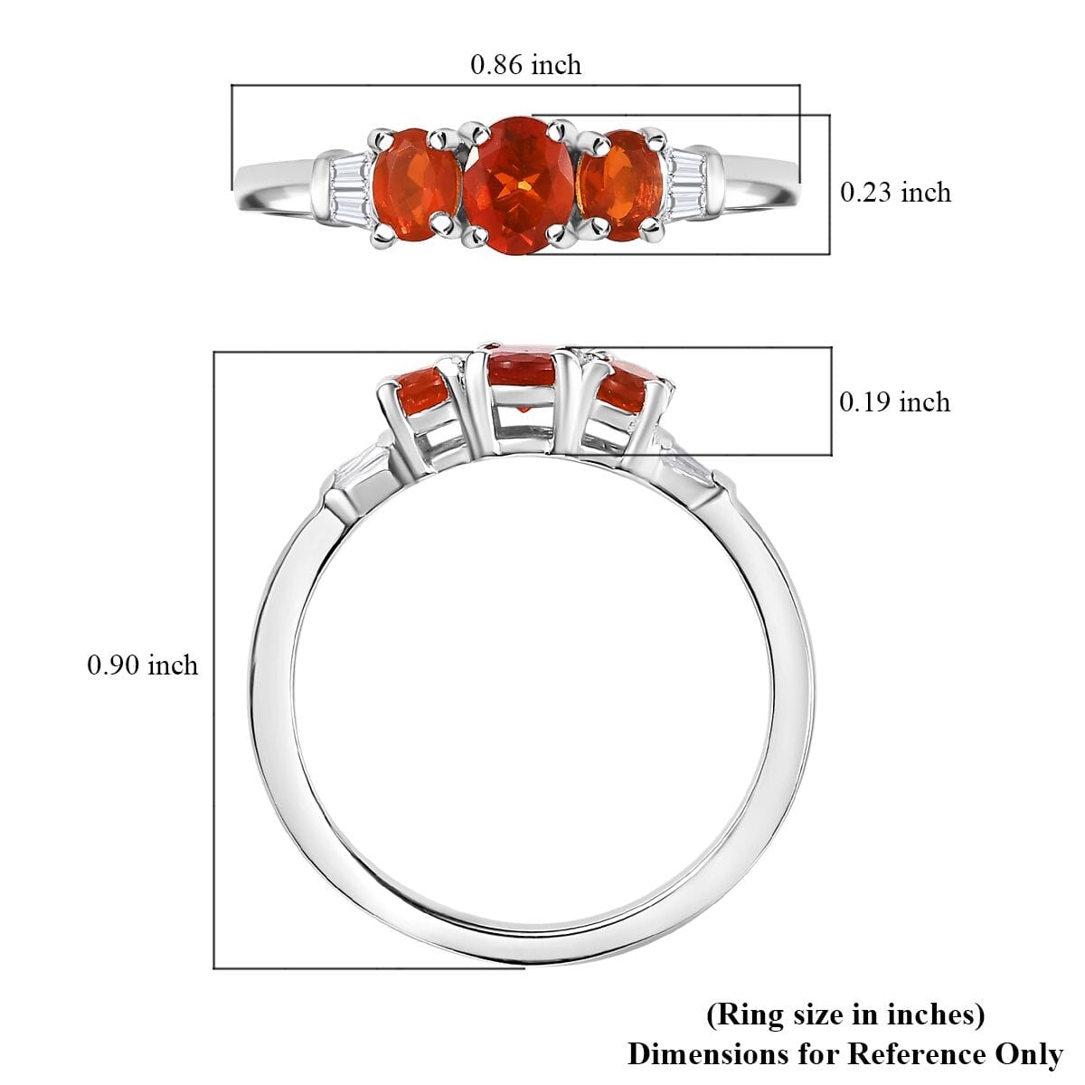 D'Joy Crimson Fire Opal and White Zircon 0.70 ctw Blazing Trinity Ring in Rhodium Over Sterling Silver (Size 6.0) image number 5