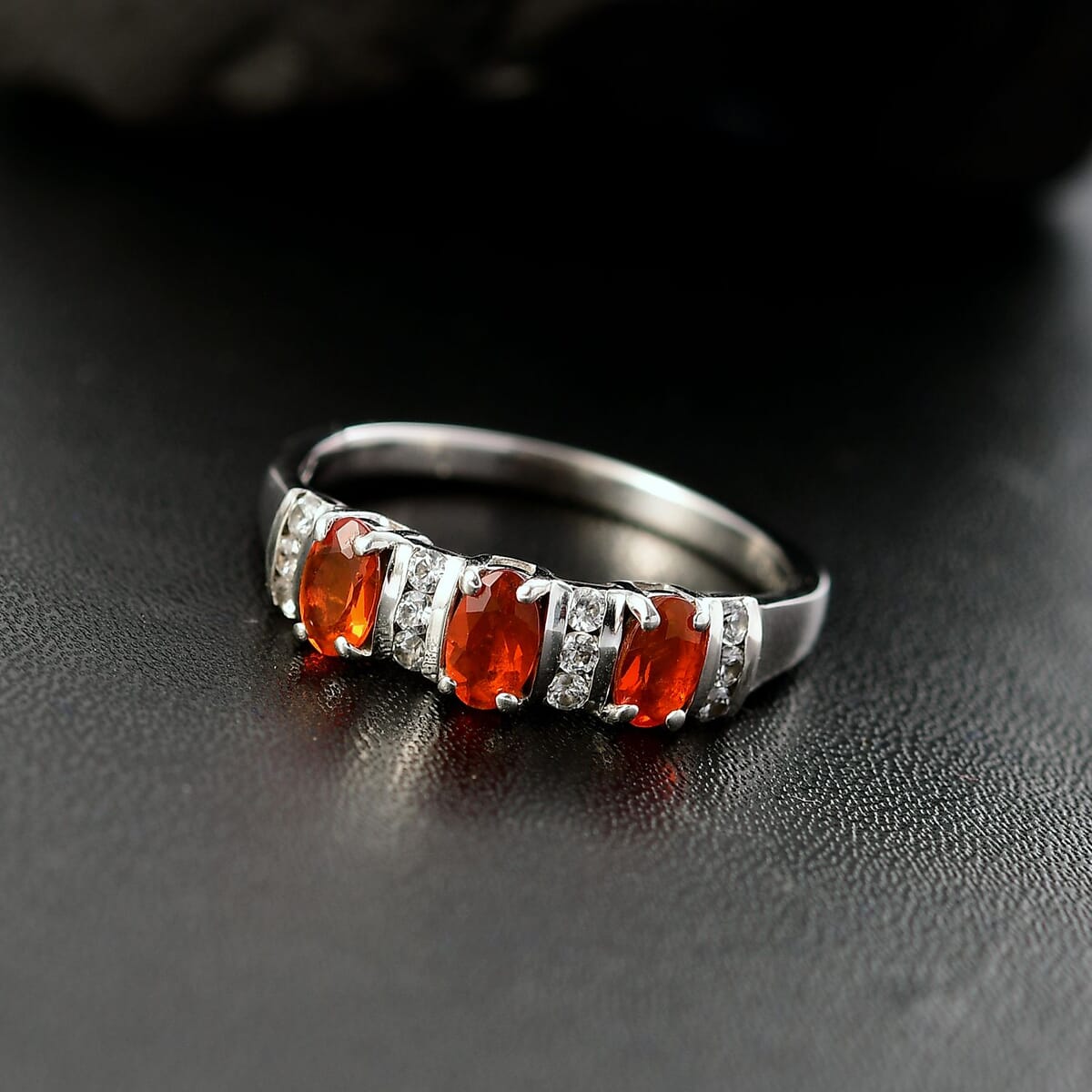 Crimson Fire Opal and White Zircon 0.75 ctw Sunset Trilogy Ring in Rhodium Over Sterling Silver (Size 10.0) image number 1