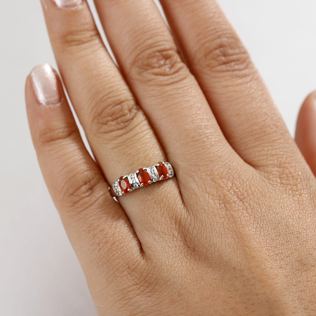 Crimson Fire Opal and White Zircon 0.75 ctw Sunset Trilogy Ring in Rhodium Over Sterling Silver (Size 10.0) image number 2