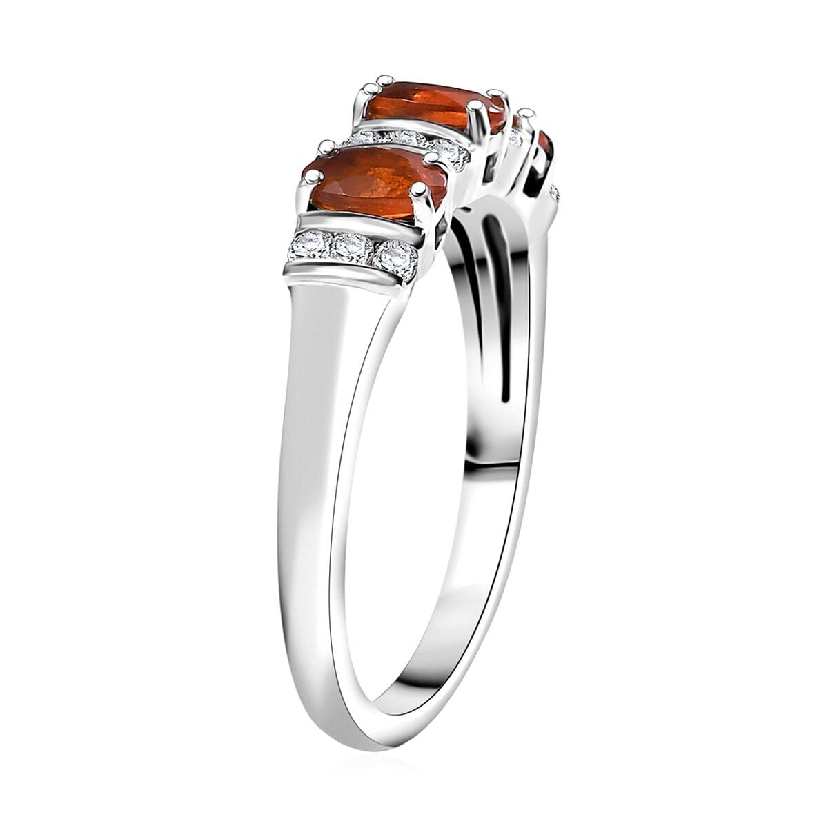 Crimson Fire Opal and White Zircon 0.75 ctw Sunset Trilogy Ring in Rhodium Over Sterling Silver (Size 10.0) image number 3