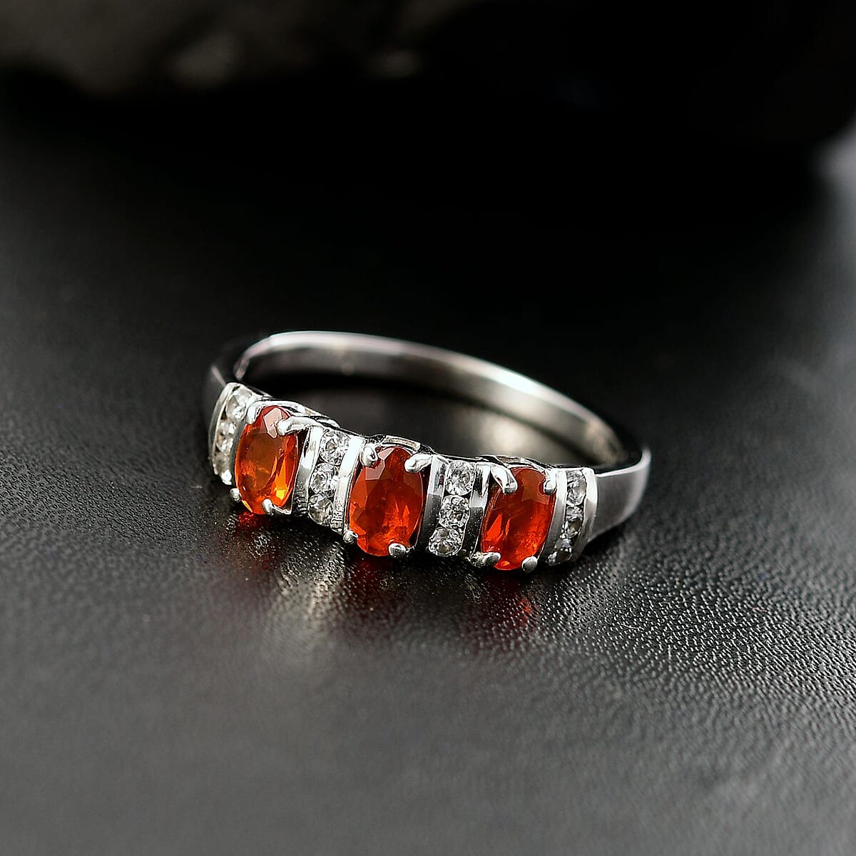 D'Joy Crimson Fire Opal and White Zircon 0.75 ctw Sunset Trilogy Ring in Rhodium Over Sterling Silver (Size 5.0) image number 1