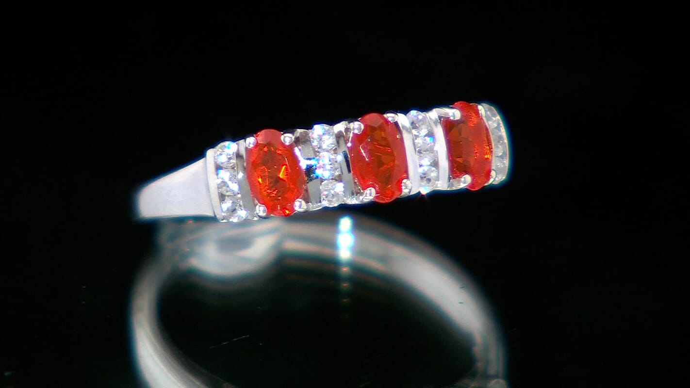 Crimson Fire Opal and White Zircon 0.75 ctw Sunset Trilogy Ring in Rhodium Over Sterling Silver (Size 10.0)