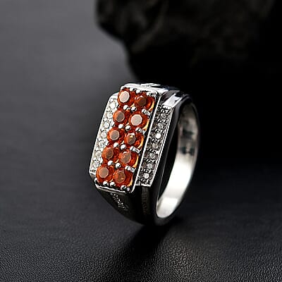 D'Joy Crimson Fire Opal and White Zircon 1.20 ctw Men's Ring in Rhodium Over Sterling Silver (Size 10.0)
