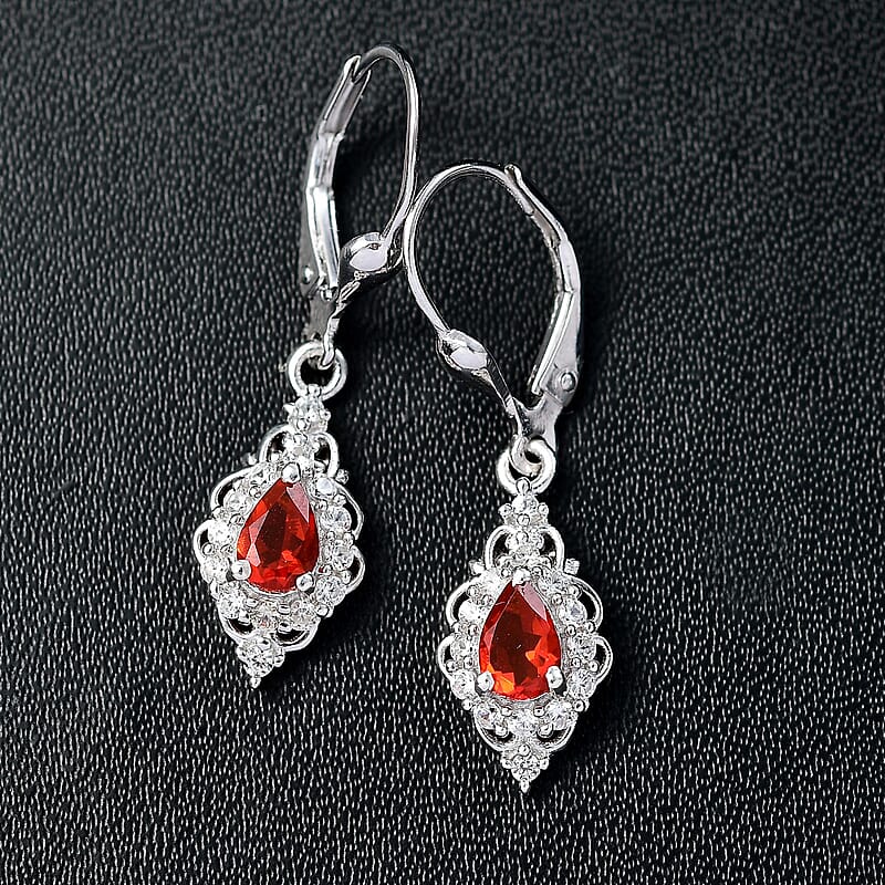 D'Joy Crimson Fire Opal and White Zircon 1.10 ctw Fiery Teardrop Earrings in Rhodium Over Sterling Silver