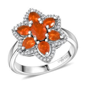 D'Joy Crimson Fire Opal and White Zircon 1.25 ctw Luminous Dahlia Ring in Rhodium Over Sterling Silver (Size 10.0)
