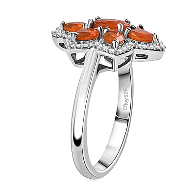 D'Joy Crimson Fire Opal and White Zircon 1.25 ctw Luminous Dahlia Ring in Rhodium Over Sterling Silver (Size 10.0)