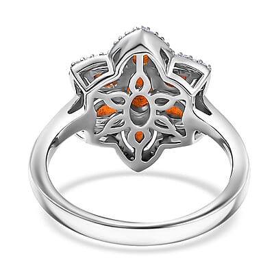 D'Joy Crimson Fire Opal and White Zircon 1.25 ctw Luminous Dahlia Ring in Rhodium Over Sterling Silver (Size 10.0)