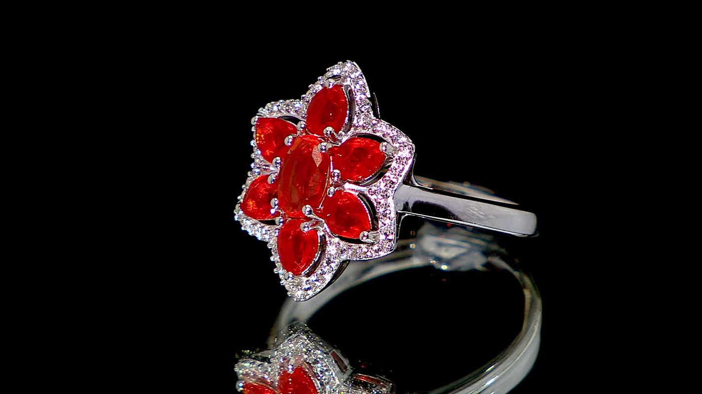 Crimson Fire Opal and White Zircon 1.25 ctw Luminous Dahlia Ring in Rhodium Over Sterling Silver (Size 10.0)