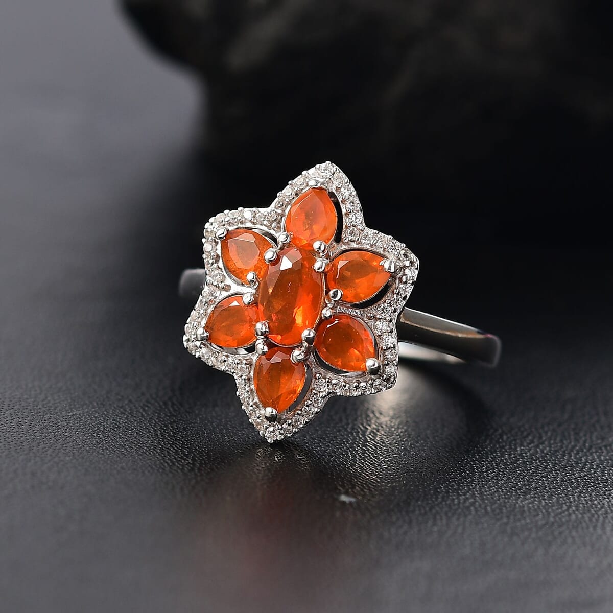 D'Joy Crimson Fire Opal and White Zircon 1.25 ctw Luminous Dahlia Ring in Rhodium Over Sterling Silver (Size 8.0) image number 1