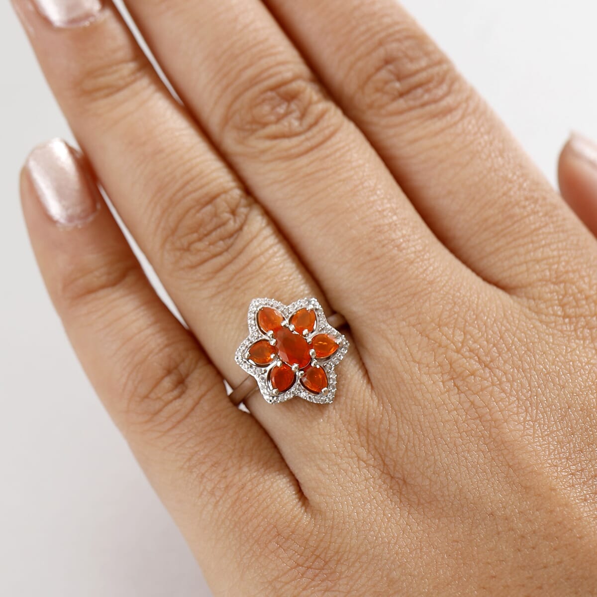 D'Joy Crimson Fire Opal and White Zircon 1.25 ctw Luminous Dahlia Ring in Rhodium Over Sterling Silver (Size 8.0) image number 2