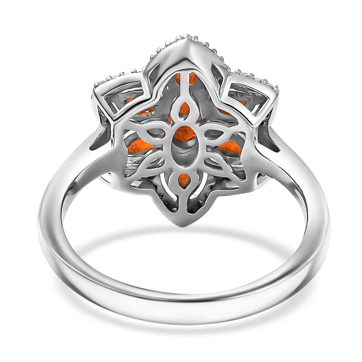 D'Joy Crimson Fire Opal and White Zircon 1.25 ctw Luminous Dahlia Ring in Rhodium Over Sterling Silver (Size 8.0) image number 4