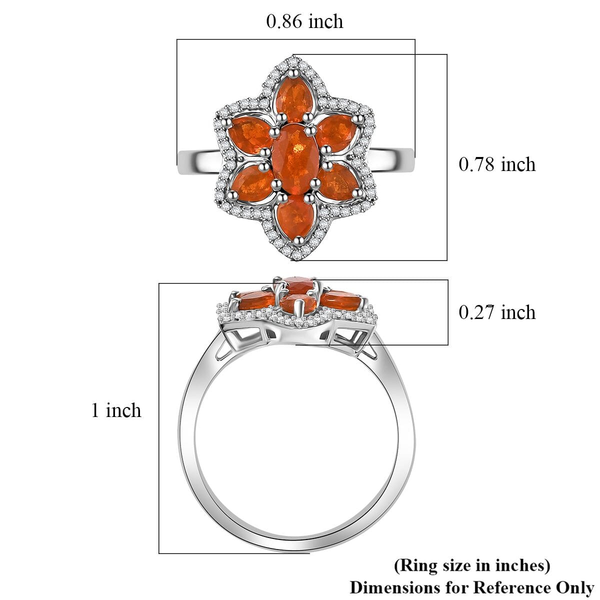 D'Joy Crimson Fire Opal and White Zircon 1.25 ctw Luminous Dahlia Ring in Rhodium Over Sterling Silver (Size 9.0) image number 5