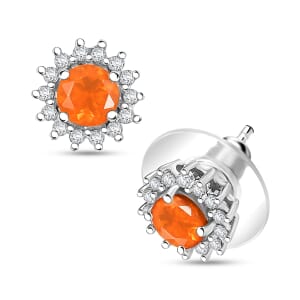 D'Joy Crimson Fire Opal and White Zircon 1.10 ctw Sunburst Stud Earrings in Rhodium Over Sterling Silver
