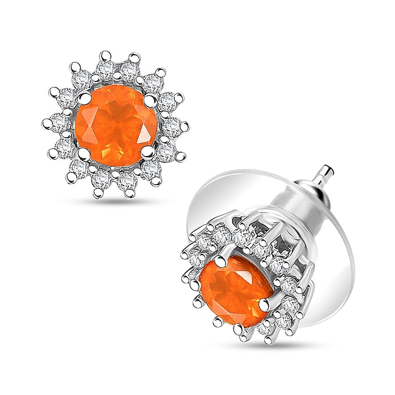 D'Joy Crimson Fire Opal and White Zircon 1.10 ctw Sunburst Stud Earrings in Rhodium Over Sterling Silver