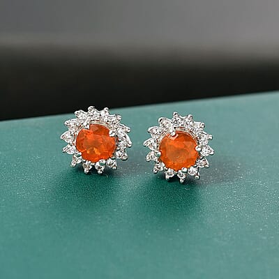 D'Joy Crimson Fire Opal and White Zircon 1.10 ctw Sunburst Stud Earrings in Rhodium Over Sterling Silver