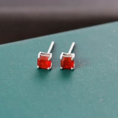 D'Joy Asscher Cut Crimson Fire Opal 0.70 ctw Solitaire Stud Earring in Rhodium Over Sterling Silver