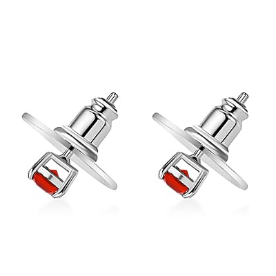 D'Joy Asscher Cut Crimson Fire Opal 0.70 ctw Solitaire Stud Earring in Rhodium Over Sterling Silver