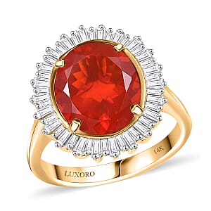 Luxoro AAA Crimson Fire Opal and G-H I2 Diamond 3.62 ctw Scarlet Sunburst Ring in 14K Yellow Gold (Size 6.0)