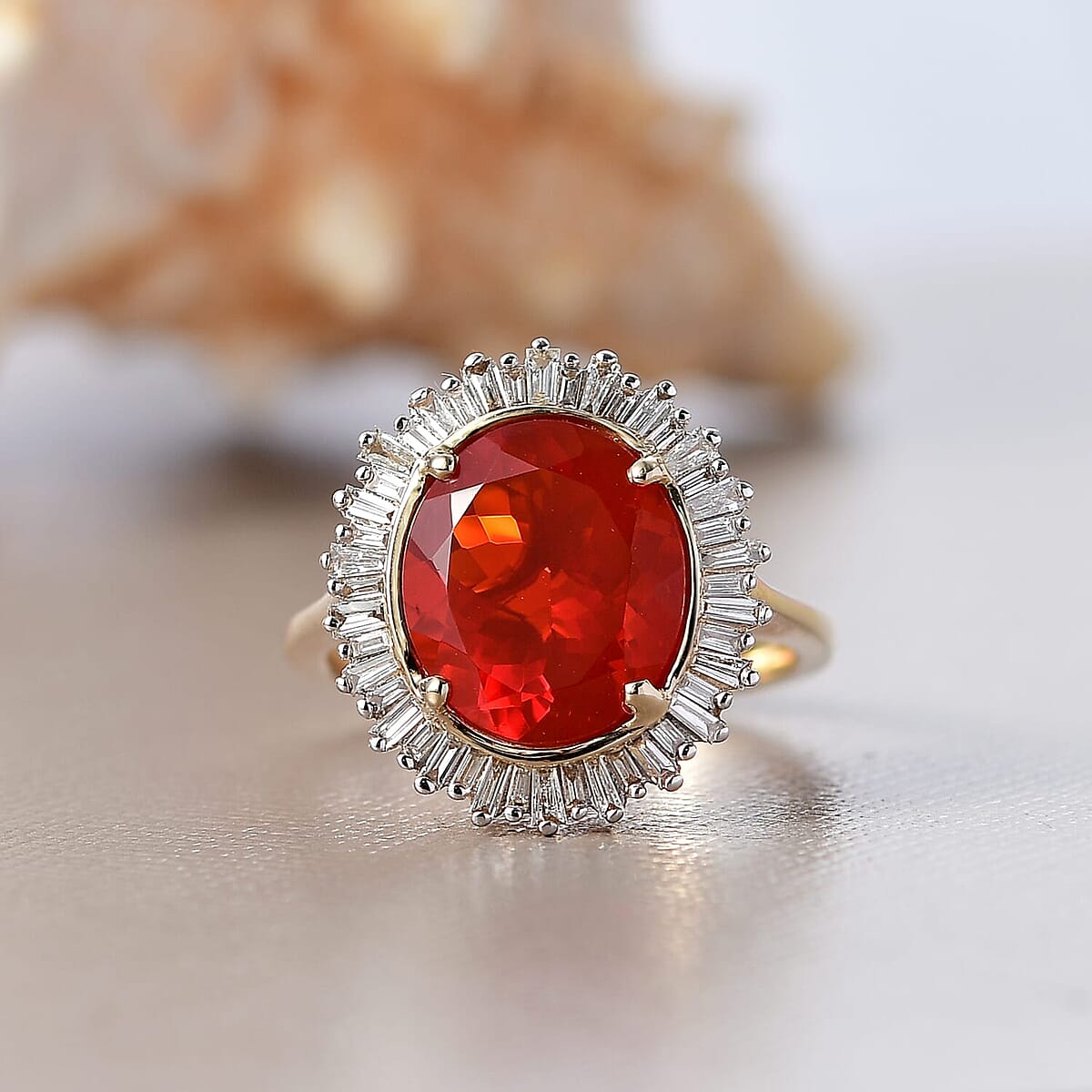 Luxoro AAA Crimson Fire Opal and G-H I2 Diamond 3.62 ctw Scarlet Sunburst Ring in 14K Yellow Gold (Size 6.0) image number 1