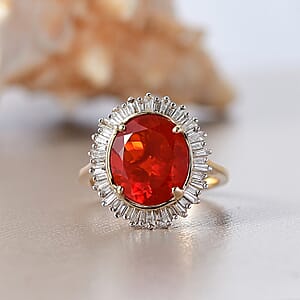 Luxoro AAA Crimson Fire Opal and G-H I2 Diamond 3.62 ctw Scarlet Sunburst Ring in 14K Yellow Gold (Size 7.0)