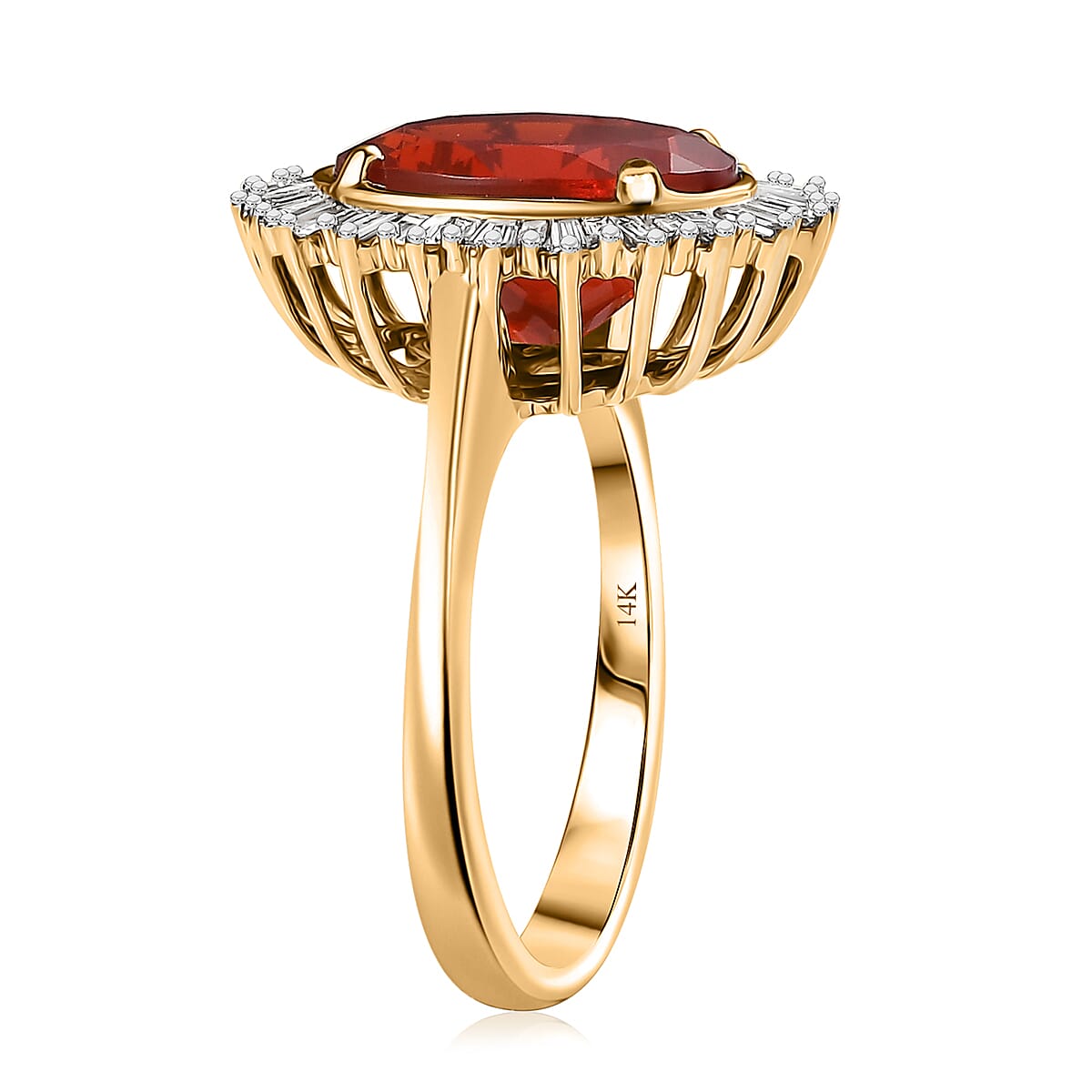 Luxoro AAA Crimson Fire Opal and G-H I2 Diamond 3.62 ctw Scarlet Sunburst Ring in 14K Yellow Gold (Size 9.0) image number 3