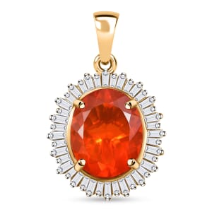 Luxoro AAA Crimson Fire Opal and Diamond G-H I2 3.50 ctw Scarlet Sunburst Pendant without Chain in 14K Yellow Gold