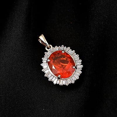 Luxoro AAA Crimson Fire Opal and Diamond G-H I2 3.50 ctw Scarlet Sunburst Pendant without Chain in 14K Yellow Gold