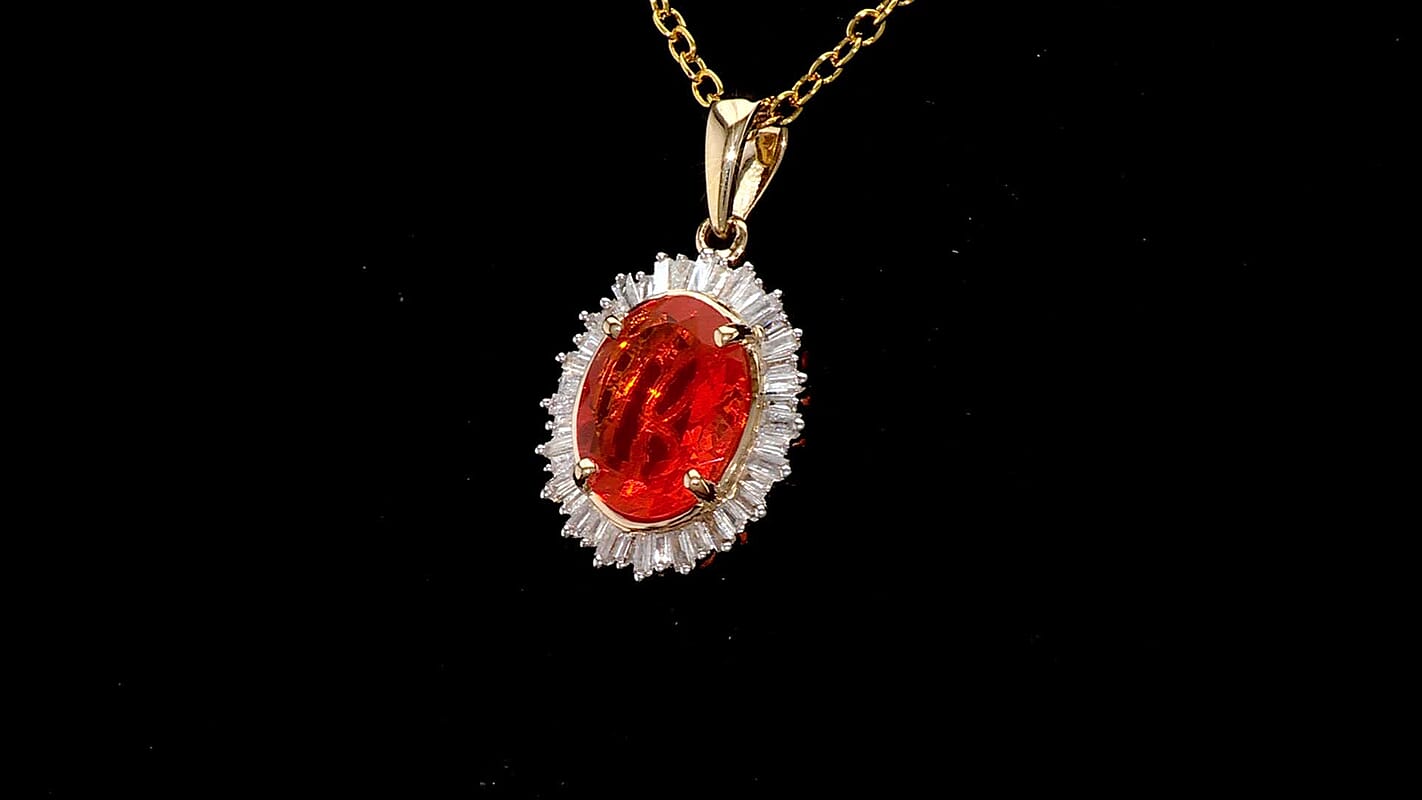 Luxoro AAA Crimson Fire Opal and Diamond G-H I2 3.50 ctw Scarlet Sunburst Pendant without Chain in 14K Yellow Gold